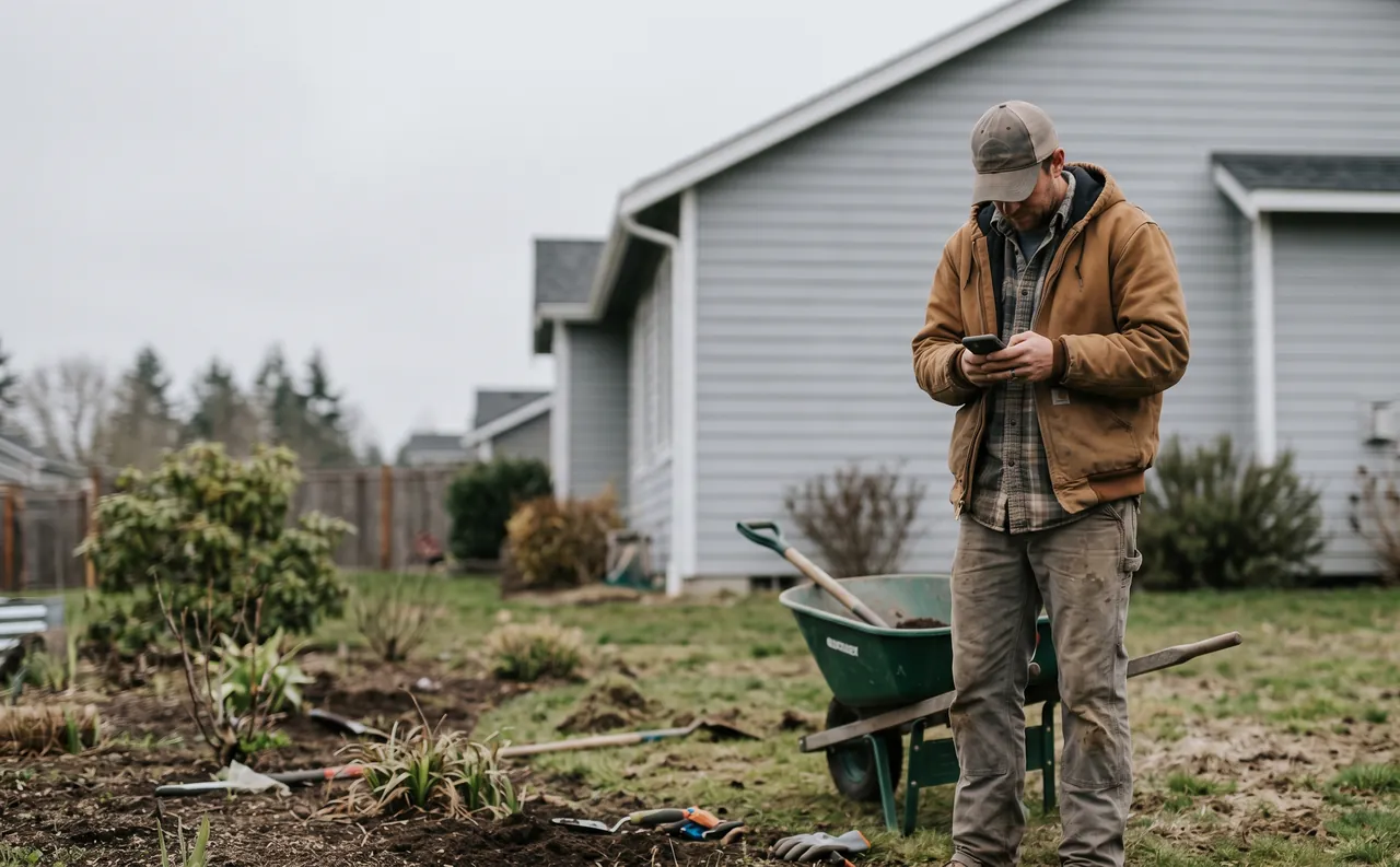 A tradesperson in a work jacket checking a phone in a backyard on an overcast day